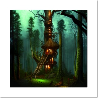 Magical Cottage Tree House with Lights in Forest with High Trees, Scenery Nature Posters and Art